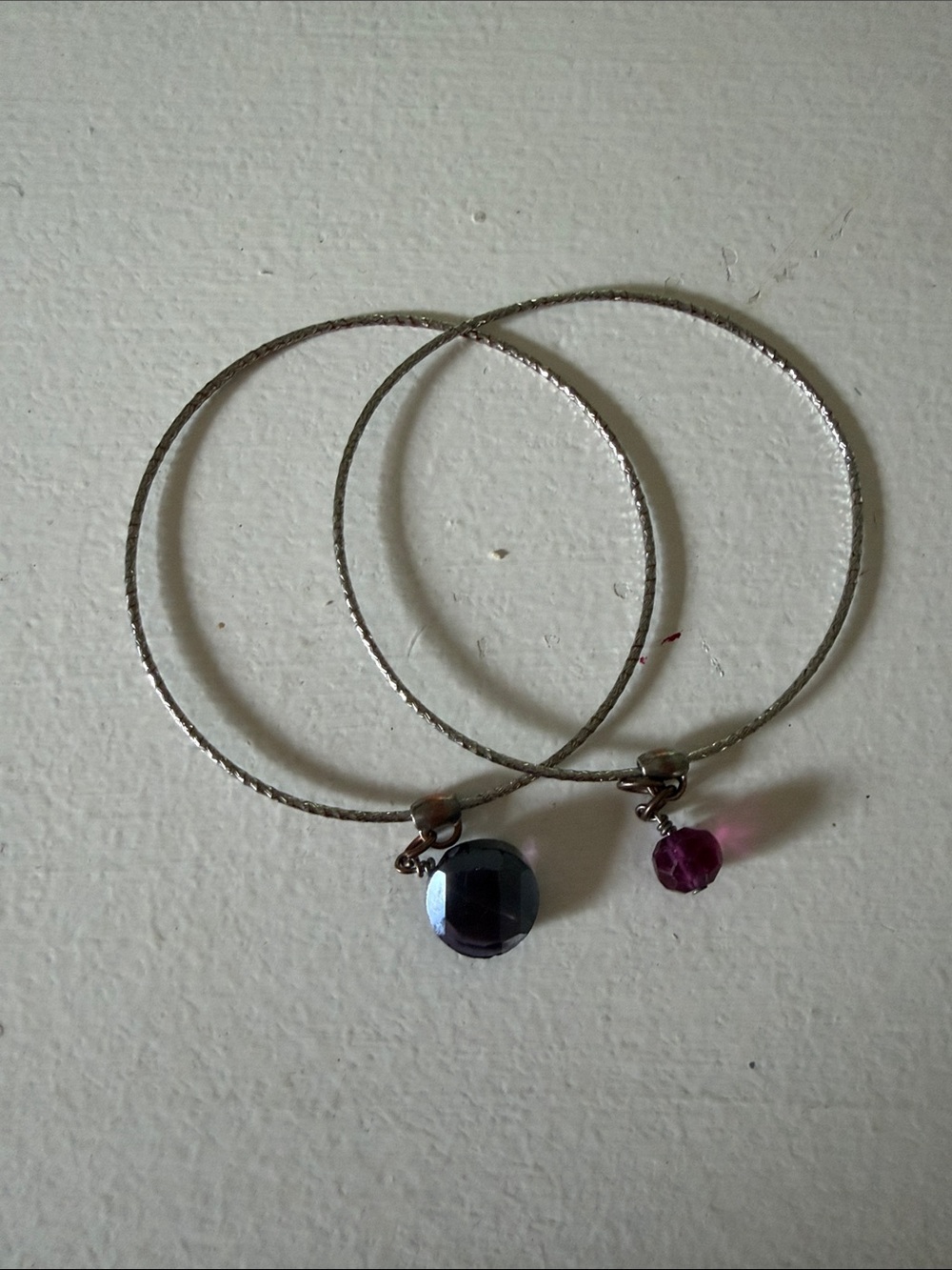 Silver-Tone Hoop Bracelet Set with Purple Gem Charms